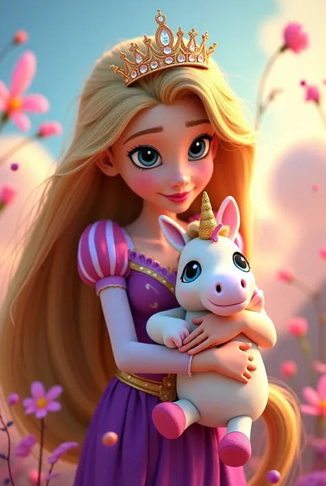 You can create an image of Rapunzel with a crown and a stuffed unicorn in her arms in Disney Pixar mode