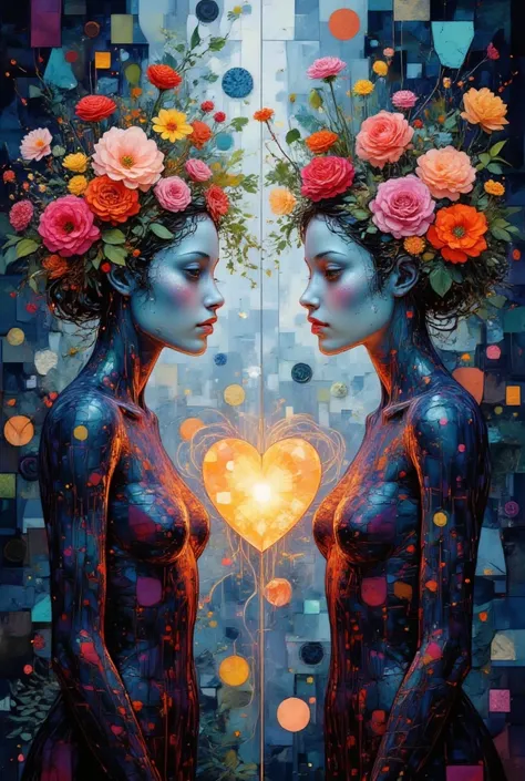 Create an artistic representation of two symmetrical humanoid figures facing each other, their features delicately crafted with intricate geometric patterns and vibrant colors. Each figure is adorned with a crown of colorful flowers and lush greenery, juxt...