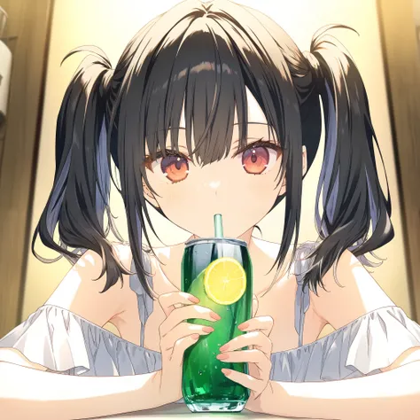 1girl, emotionless, black medium hair, curved hair, beautiful, girl drinking blue lemon soda, bedroom corner, red eye, long twintails out below the medium hair, Medium hair, beachside shoulder length hair,fantasy, game CG, break,(artist:mitsumi_misato),art...