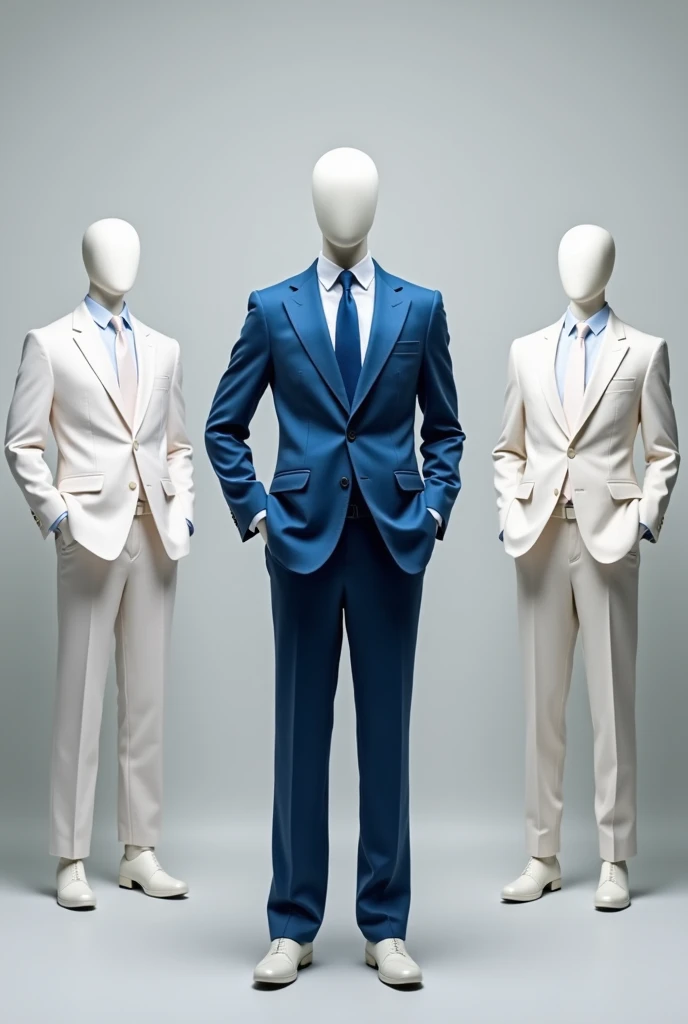 three faceless mannequins, the middle one dressed in a blue suit with tie, standing with their hands in their pockets. the other two mannequins in the background dressed in white suits with ties and hands in their pockets. The background is plain light gra...