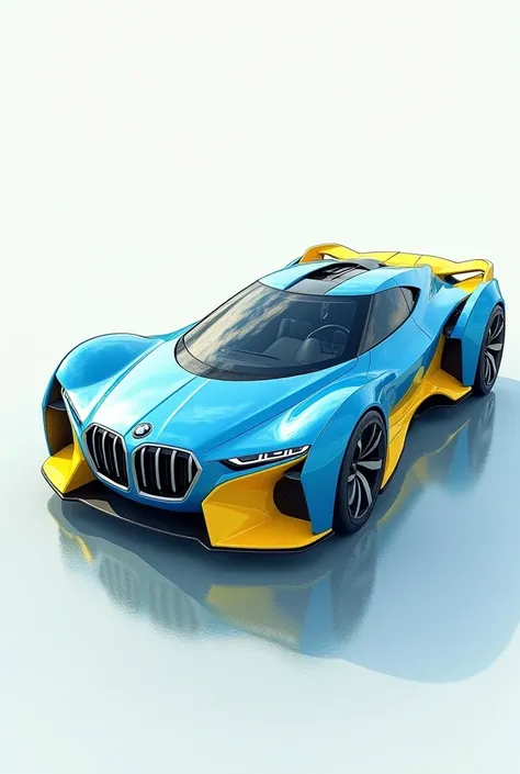 Create a drawing of the Ukrainian car of the future, that can fly,  to drive and float on and under water. The car must be in blue-yellow colors, looks like a BMW car and has a jet engine. In the picture there should be a car from two angles - from the fro...