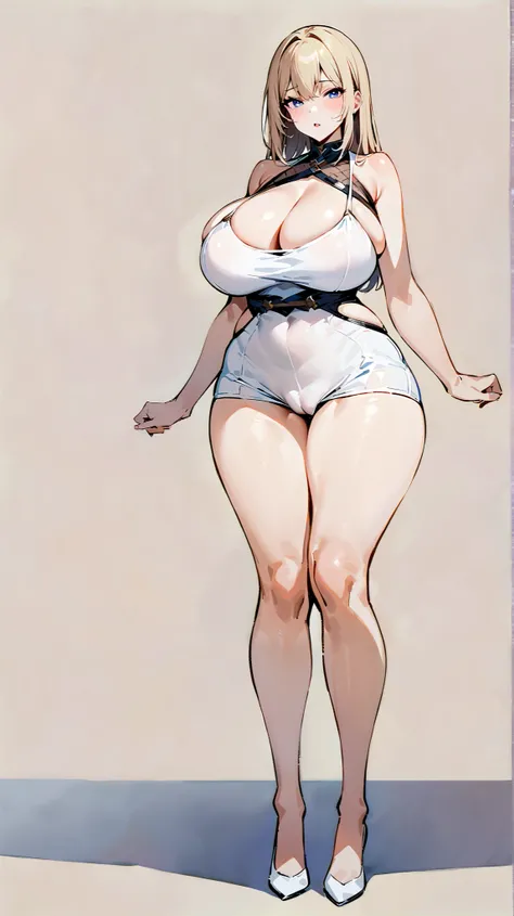 ( Masterpiece,  best quality :1.2), Tight clothing, white dress ， big boobs,l-shaped cleavage,, Standing_,both Standing ，, whole body,super camel toe, no background ，