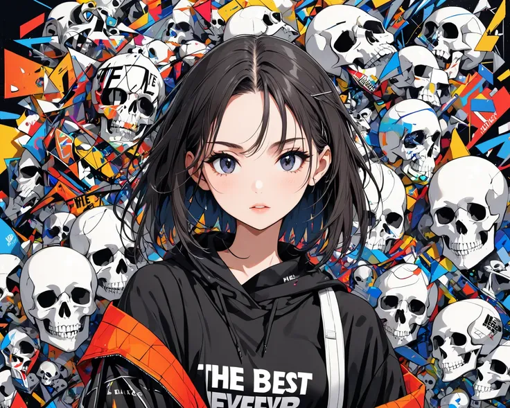 Ultra-realistic Issey Miyake style, Simple line acronym abstract art, cool design,  (((the best beautiful girl ever))), female college student, skull fashion