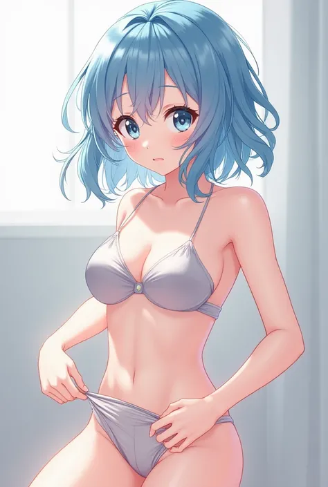 Anime girl with light blue hair dragging off her underwear