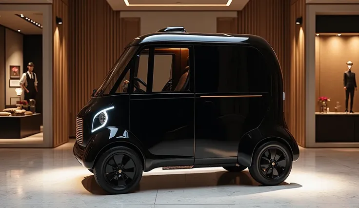 A full body view of a modern modified 2025 Winnebago Solis Pocket Rickshaw black color in a luxurious and high level showroom