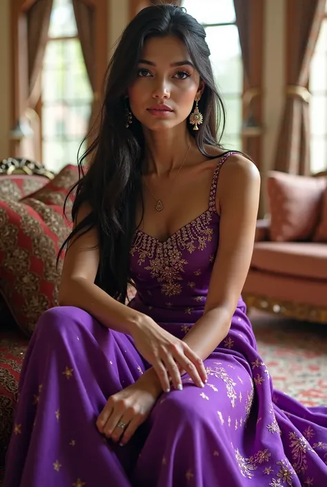 One beautiful Indian girl wear purple dress sit on drawing room