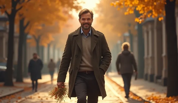 Ultra-realistic full-length photo: 1.3. Front view from afar, full-length from head to toe: 1.3. Highly detailed. 32 kb. Excellent photo: 1.3. City street, autumn, fallen leaves. Igor, Alena's ex-husband, is walking with a small bouquet of wild flowers. He...