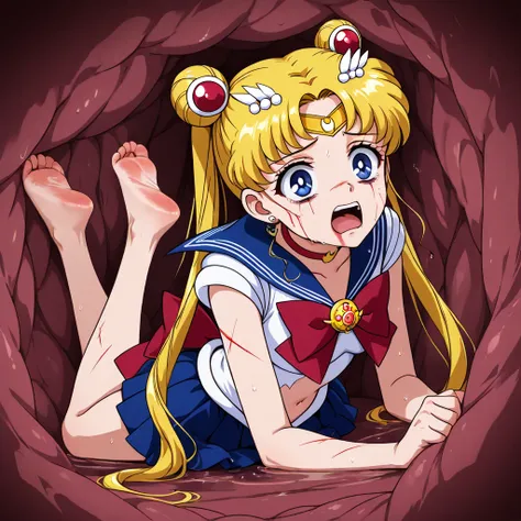 1girl, solo, (usagi tsukino, blonde hair, blue eyes, double bun, hair bun, hair ornament, long hair, twintails, circlet, parted bangs,
back bow, blue sailor collar, blue skirt, bow, brooch, choker, crescent moon, jewelry, magical girl, pleated skirt, red b...