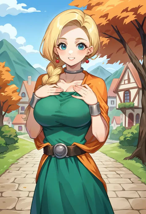 score_9, score_8_up, score_7_up, source_anime BREAK 1girl, solo, dqBianca, single braid, hair over shoulder, earrings, choker, orange cape, green dress, belt, ultra large breasts, happy, looking at viewer, village, autumn, waist up, hand on own chest, outd...