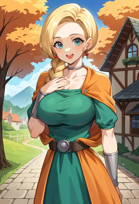 score_9, score_8_up, score_7_up, source_anime BREAK 1girl, solo, dqBianca, single braid, hair over shoulder, earrings, choker, orange cape, green dress, belt, ultra large breasts, happy, looking at viewer, village, autumn, waist up, hand on own chest, outd...