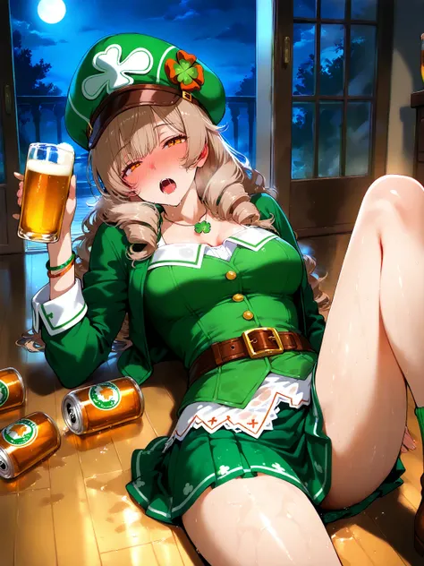 irish bar, night, moonlight, light brown hair, braid, curly hair, amber eyes, saliva, drunk, St. Patrick's cap, green miniskirt, green jacket with clover design, buckle belt, bracelets, necklaces, medium breasts, beers on the floor, lying on the floor, wet...