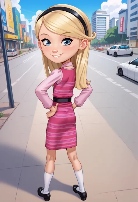 Andystyle, 1girl, solo, penny peterson, long hair, blue eyes, 3d, blonde hair, skirt, pantyhose, hairband, black hairband, white socks, dress, pink dress, long sleeves, puffy sleeves, Black Mary Janes, spread legs, Hands on hips, perfect body, sexy, lookin...