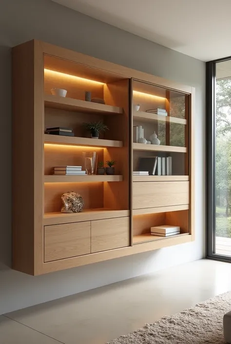 Floating wood wall furniture with sliding glass doors