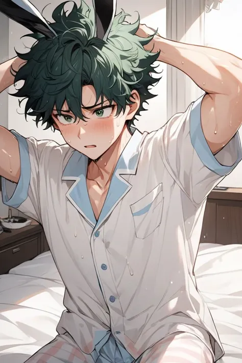 Anime boy Izuku very sweaty, there is an bunny ears at his hair, with messy hair like manhwa, he is at a bedroom like in an manhwa, with messy hair like manhwa, he is wearing an pajamas like in a manhwa, he is at a bedroom like in a manhwa, he is woke up a...