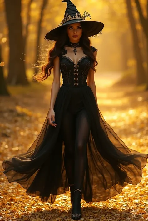 Gothic smoking eyes, long Eyelashes,  golden lipstic , Gothic shiphon sexy Flowing dress stuning Shoes. Cool little hat with Fether in black and gold, Full Shot of Her Walking  on Golden Fethers and , Golden Sparkling Background,Digital Quality Clear camer...