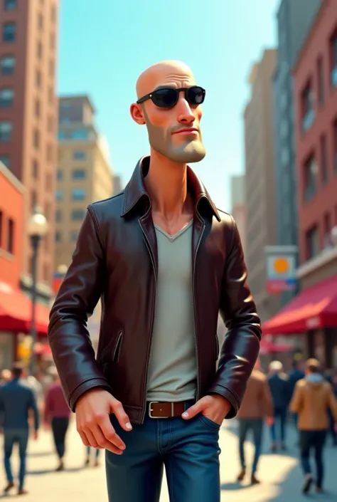 confident bald man with stylish sunglasses walking down a busy city street abroad, wearing a leather jacket, looking calm and cool.
"3d cartoon image"