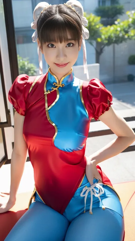  Street Fighter 2's Chun-li , perfect Chunli costume,Red Chinese dress with gold lines ,Bunhead,Good cover, battle pose, Masterpiece、 tell me about 1 beautiful girl、 beautiful eyes、Swollen eyes、 top quality, 超 high resolution, (reality: 1.4), Cinema Lighti...