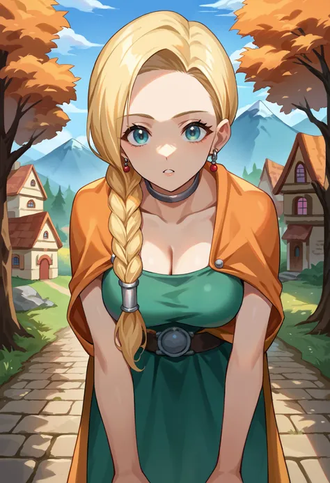 score_9, score_8_up, score_7_up, source_anime BREAK 1girl, solo, dqBianca, single braid, hair over shoulder, earrings, choker, orange cape, green dress, belt, ultra large breasts, looking at viewer, village, autumn, waist up, outdoors, trees, medieval hous...