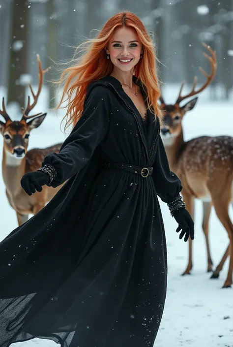 25, young seductive redblonde female Witch apprentice, winter, flames in brown eyes, black cloak, confident face, she is happy, dancing with deer 