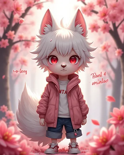  1 Chico , Lobo , White fur and words, Young boy,  red eyes,  Messy Hair ,  white hair,  short hair ,  Masterpiece,  Very detailed,  Casual Clothing, Cherry, Dog head