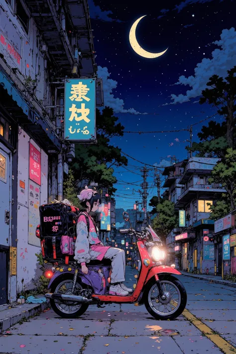  A girl wearing a Yokosuka jumper on a street corner in a Japanese suburb, Uber eats（Uber Eats)Express a backpack  , depicting a motorbike delivery character  ,  bike bed light clearly on the night of the crescent moon,,Fantasy pop art of a dreaming girl ,...