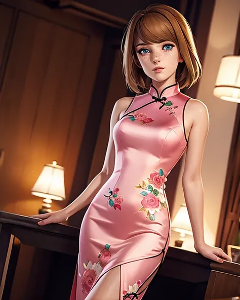 max caulfield elegant in a long cheongsam BREAK (shiny satin pink cheongsam, turtleneck gown, highneck, straight fabric, floral pattern cheongsam, sleeveless, bare shoulders) BREAK (slim body) BREAK (ochre hair, straight hair) BREAK looking at viewer (beau...