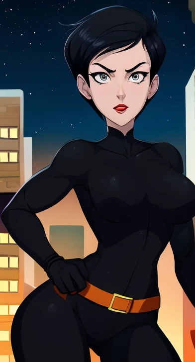 masterpiece, best quality, grown woman, wearing a blkwidow attire, Lois Lane, beautiful face, cute face, pretty face, sexy face, beautiful grey eyes, pretty eyes, black lipstick, attractive female, sexy body, perfect female anatomy, very short black hair, ...