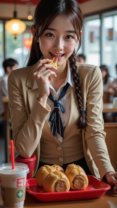 A radiant young woman in an elegant school uniform enjoys a casual meal at a fast-food restaurant, her expression filled with joy, curiosity, or playful anticipation. She takes a bite of a burger, sips a drink through a straw, or glances up with a soft smi...