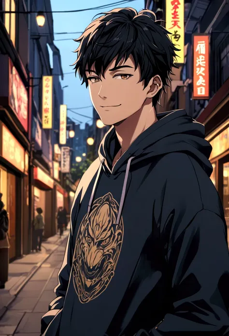 Guy wearing a hoodie, smirking, anime, street background