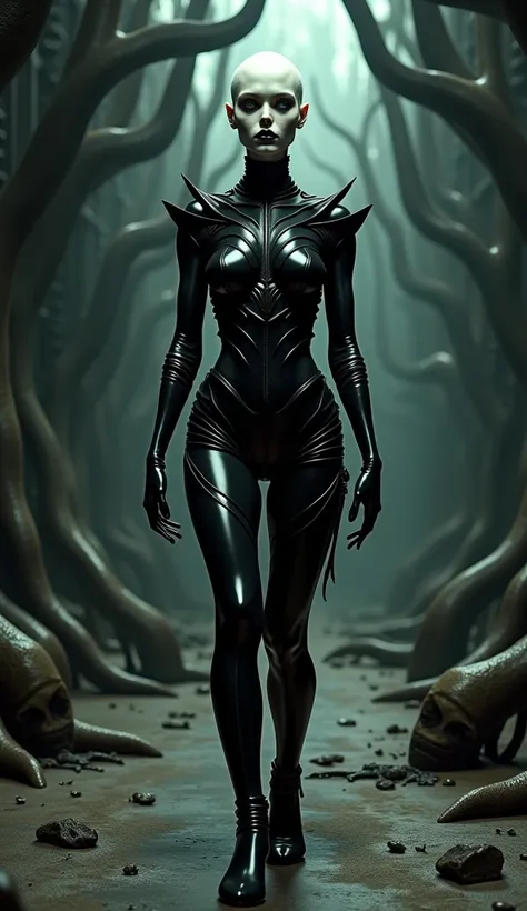 In a dark and sinister realm, an extremely skinny androgynous figure stands at the center, transformed into a haunting Cenobite that exudes both beauty and danger. The atmosphere is thick with dread, shrouded in shadows that seem to pulse with a life of th...