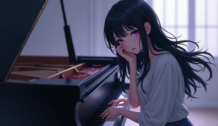 Anime girl, black hair, purple eyes, sitting on piano