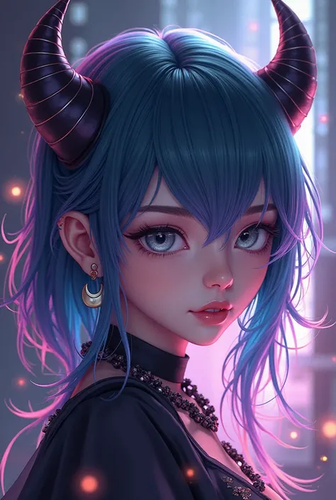  masterpiece, Multi-colored hair, 1 ,  Half Moon Earrings ,  Slightly parted lips , taken, 3D isometric,  Chromatic Aberration , Lines of action, anime,  gray eyes ,  Horns 