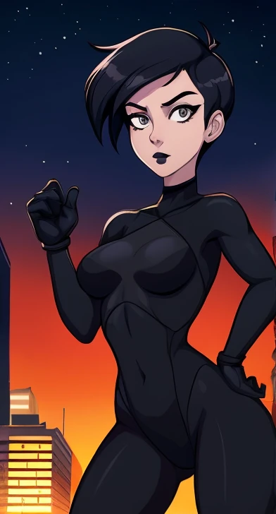 masterpiece, best quality, grown woman, wearing a blkwidow attire, Lois Lane, beautiful face, cute face, pretty face, sexy face, beautiful grey eyes, pretty eyes, black lipstick, attractive female, sexy body, perfect female anatomy, very short black hair, ...