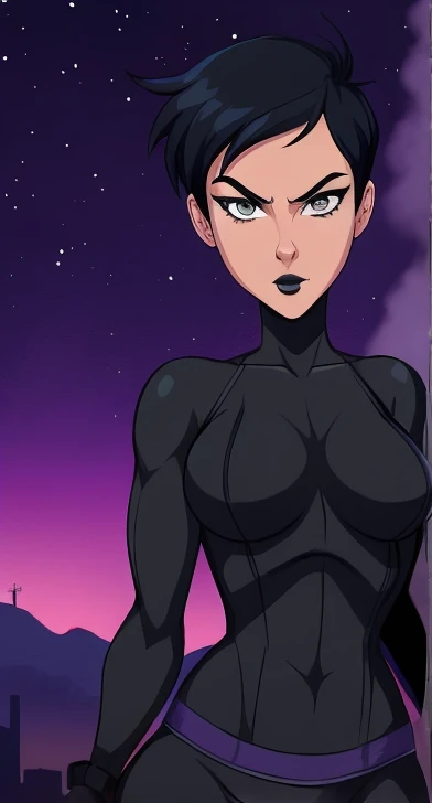 masterpiece, best quality, grown woman, wearing a blkwidow attire, Lois Lane, beautiful face, cute face, pretty face, sexy face, beautiful grey eyes, pretty eyes, black lipstick, attractive female, sexy body, perfect female anatomy, very short black hair, ...