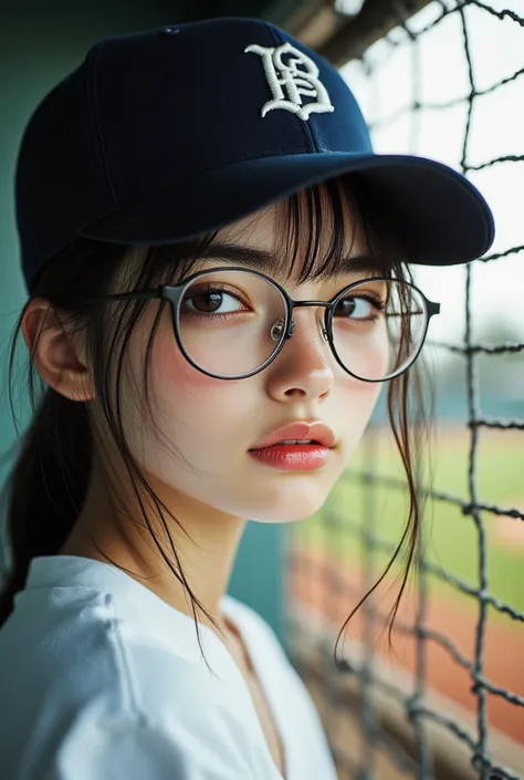 (( top quality)), ((傑 top quality、 Masterpiece、High sensitivity、 high resolution、 detailed depiction of up to the front door、 depicting a delicate face))Slender Woman、Glasses、 Smile 、 baseball cap、 baseball stand 、