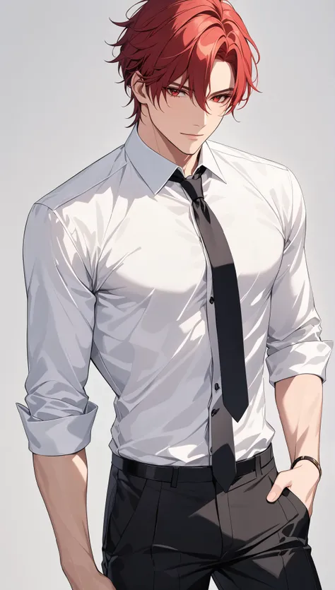 top quality　 Masterpiece 　 high definition 　 Masterpiece 　, red hair man,　　 red Eyes man 　  plain backround, no backround, white backround, male, mascular body , handsome, ikemen, white shirt, balck tie, partly unbottoned, black pants