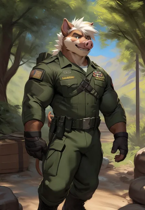 male, anthro, muscle, black green Army uniform , (pig ) marines outfit, marines,boot camp,half length portrait, white mane, , by zackary911, chunie, meesh, kiyosan, sigma x, bara, detailed background