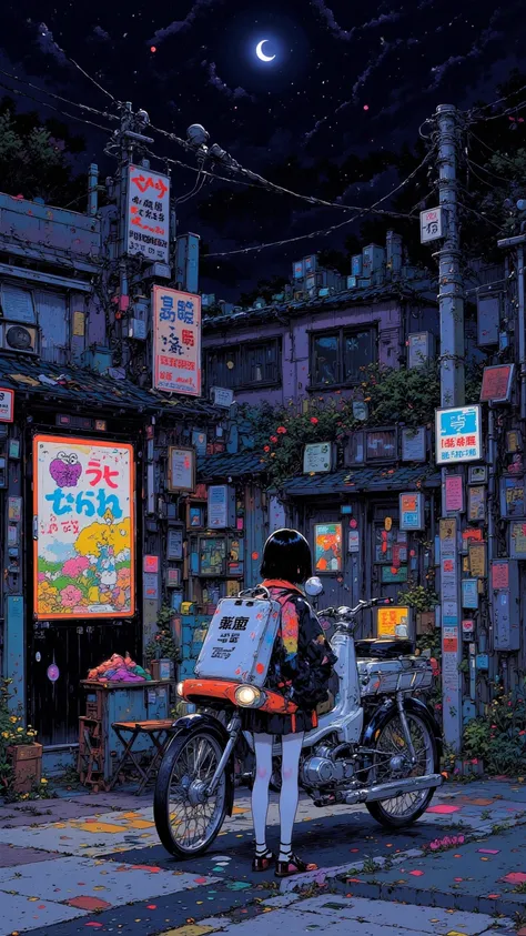  A Girl Wearing a Yokosuka Jumper on a Street Corner in a Japanese Suburb, Uber eats（Uber Eats)Express a backpack  , depicting a motorbike delivery character  ,  bike bed light clearly on the night of the crescent moon,,Fantasy pop art of a dreaming girl ,...