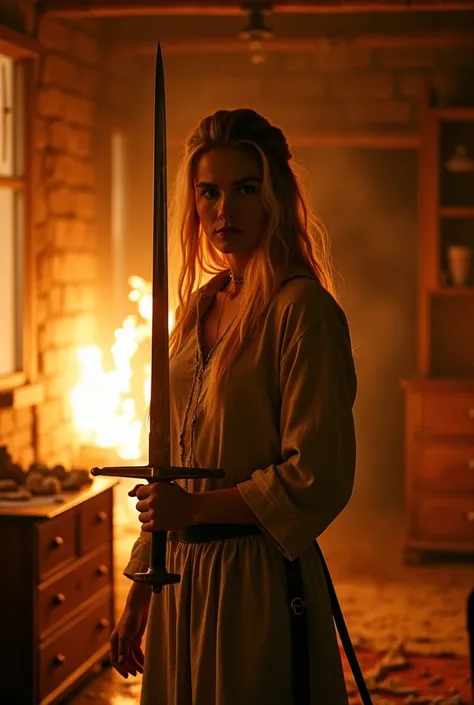 In a small, dimly lit room engulfed in flames, the 25-year-old woman stands facing the camera, her expression determined and urgent. She holds a sword tightly in one hand, its blade reflecting the orange glow of the surrounding fire. Her long blonde hair i...