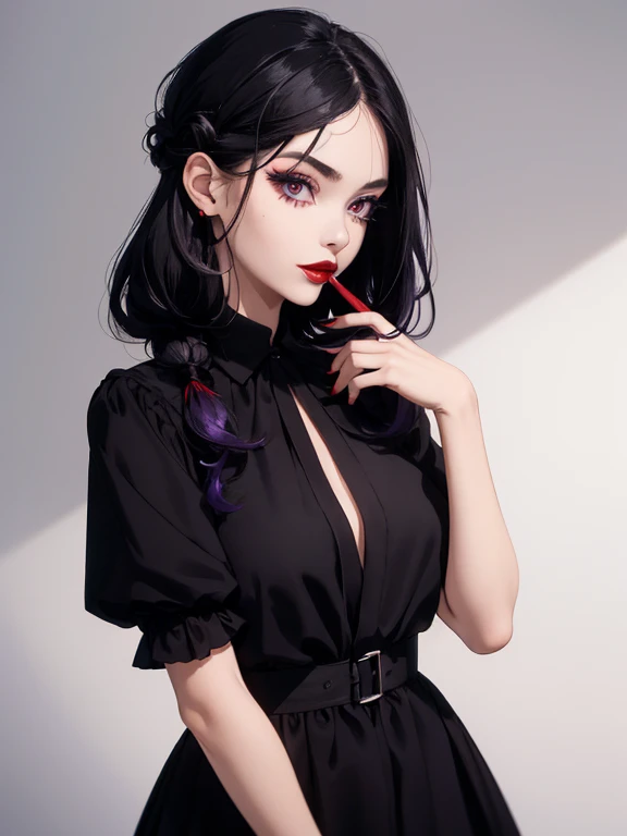  1 girl ,  red lips, Eyebrow,  purple eyeshadow ,  knotted hair,  black dress ,   black hair