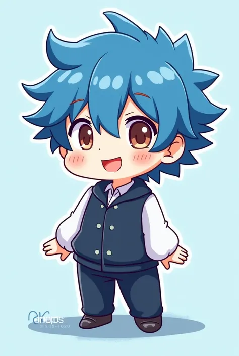 make me fanart chibi a young blue-haired man in a dark blue uniform with white sleeves with a slightly faded blue background with an outline around the characters in white