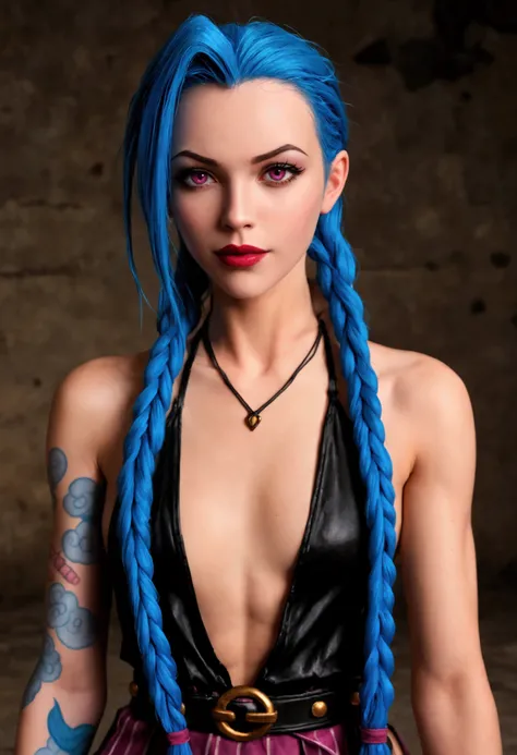 League of Legends, Jinx, very long blue hair, twin braids, battleground background, sexy, seductive, high detail, masterpiece.