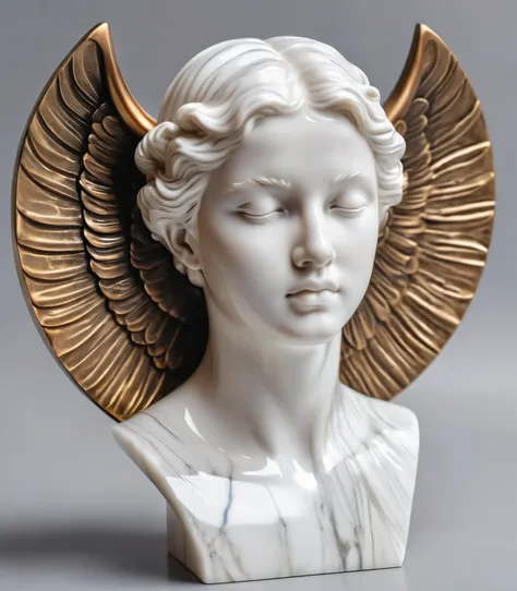  Minimalistic Buckle , Whole Head , (Elegant Angel ), centered frame, whole body,  dynamic pose with an enema, White Marble , bronze,  Realistic Details, 8K 写真Sculptureレリーフ,  realism,  Intricate Details,  Overdetailing ,  detailed face, Sculpture,  Minimal...