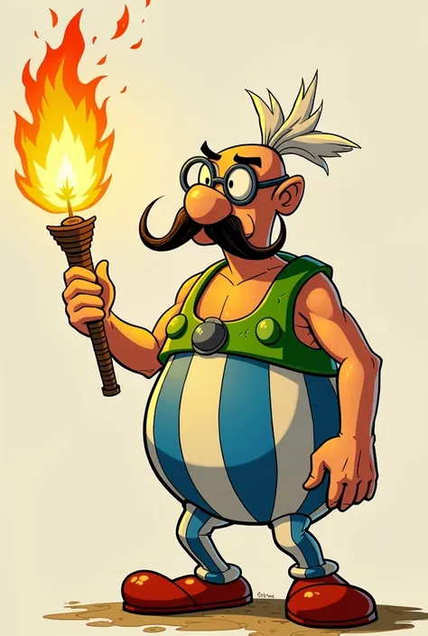 Create character from Asterix &Obelix series named Beykonix. Thin, without hair, with glasses and burning torch setting fire to photos. Draw it like in Asterix comicbook. Prepare two versions - with and without moustache