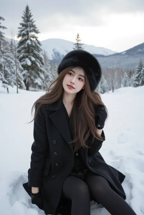 /imagine prompt: A beautiful woman sitting in deep snow, smiling radiantly. She wears a stylish black winter coat, black gloves, and a fluffy black fur hat. Her long brown hair flows naturally, complementing her warm and happy expression. The snowy landsca...