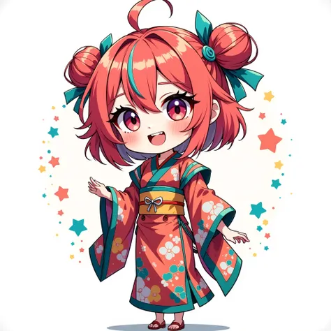 ( chibi:1.4), chibi character, chibi style, toe, (cwhite background:1.4),full body,masterpiece, high quality, 4K, HDR,, A girl with frills, anime style, Ninja、 with a cheerful smile、 open your mouth wide、 simple background、Japanese style、 red kimono、Small...