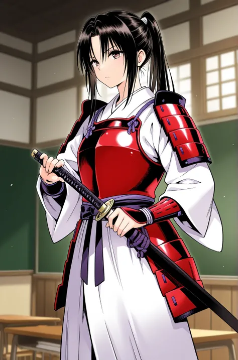  top quality,  greatest masterpiece in history,  highest resolution，（Kujo Rin_To LOVEる）， (Traditional Japanese Samurai Armor) ，（classroom_background），rin kujou ， black_Hair Color， ponytail _Hairstyle，Japanese medieval red armor_woman， white kimono，4K,  alo...