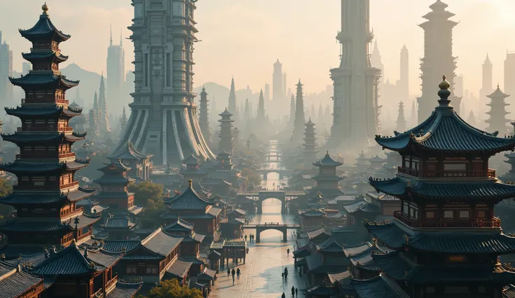 Chinese city of the future, skyscrapers mixed with Chinese-style temples, camera a bird's view, 8k, best quality, masterpiece, high resolution, original, extremely detailed wallpaper, perfect lighting, (extremely detailed CGI:1.2)