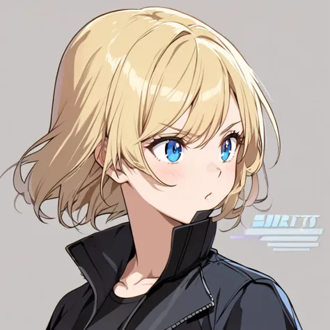 One girl, blonde hair, Shortcuts, Blue eyes,  Black clothes,