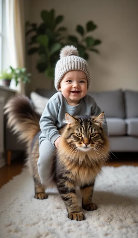 A chubby six-month-old baby boy wearing a cute beanie sits on a big, friendly Maine Coon cat. Both are moving forward, the cat’s tail swaying, while the baby laughs with pure joy. The scene is set in a cozy living room with soft lighting and playful energy...